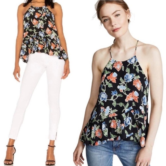 JOIE Silk Floral Ruffle Trim Surplice Halter Trapeze Blouse Tank Top/Cami Sz XS - Picture 1 of 10
